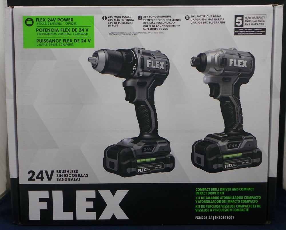 Flex FXM205-2A 24V Brushless 1/2" Compact Drill & Impact Driver Combo Kit NEW