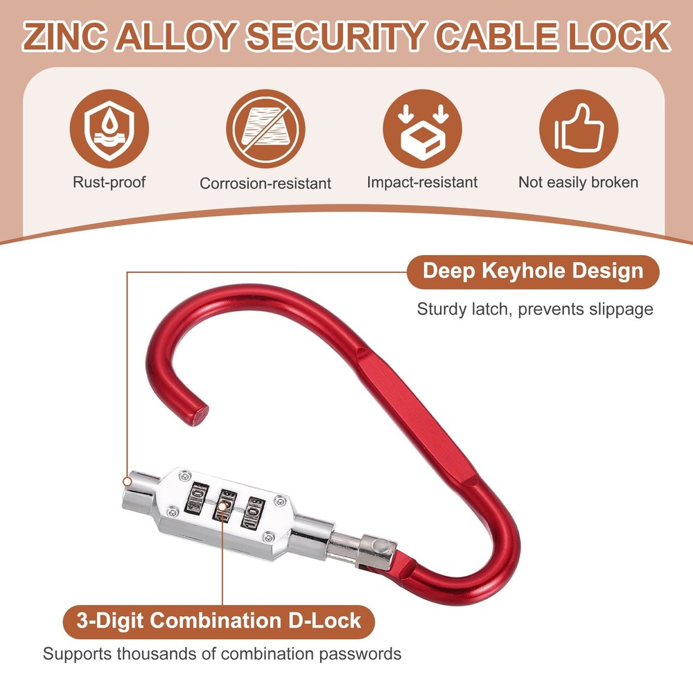 2 Pcs 3.8" x 1.8" D-Shaped 3-Digit Code Combination Lock D-Ring Clip, Red
