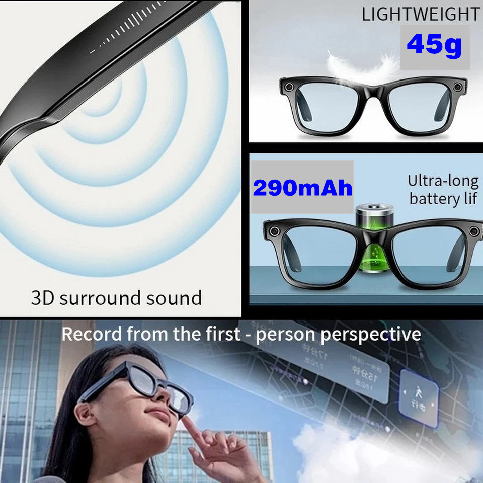 Video camera glasses with 8MP camera and bluetooth and microphone