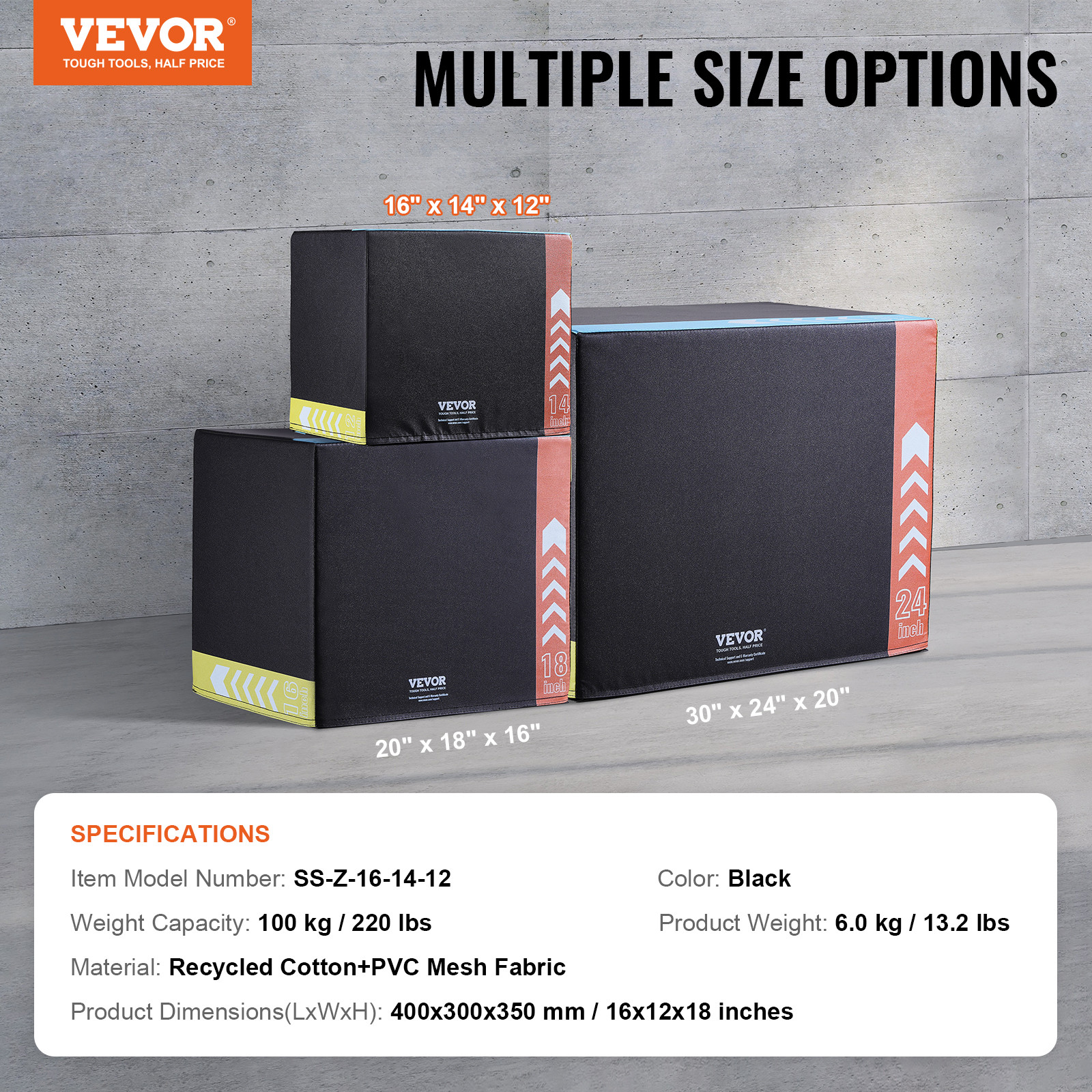 VEVOR 16/14/12 Inch 3 in 1 Plyometric Jump Box Fitness Exercise Plyo Box Cotton