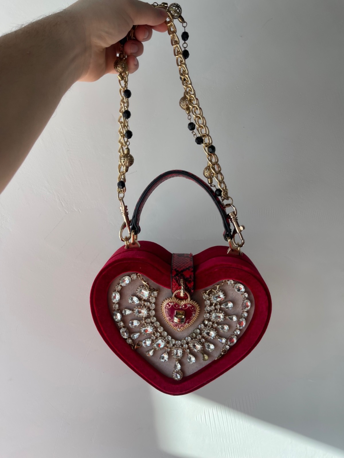 Vintage Heart Shaped Red Velvet Handbag Rhinestone Crystals Gold Chain Y2K Goth