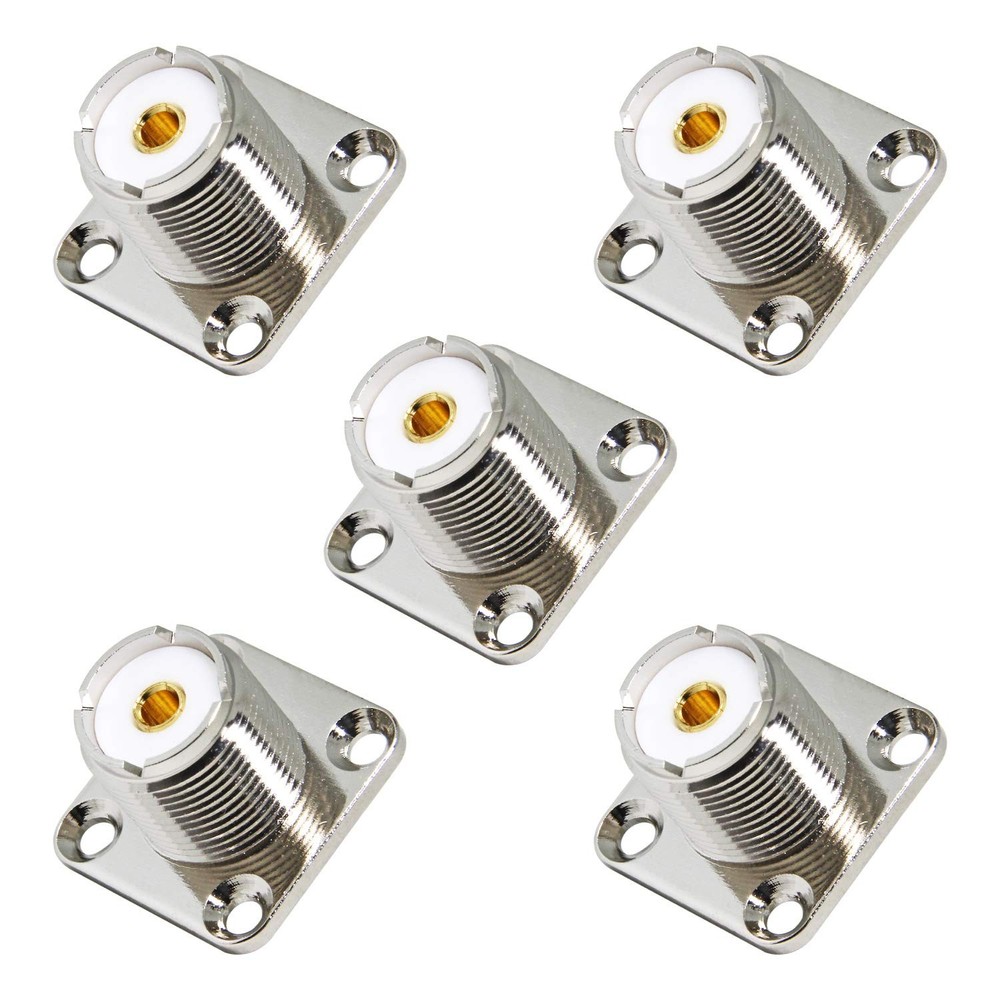 UHF Panel Mount, 5 Pack Female SO239 Chassis Mount 4-Hole Jack 5-Pack, silver