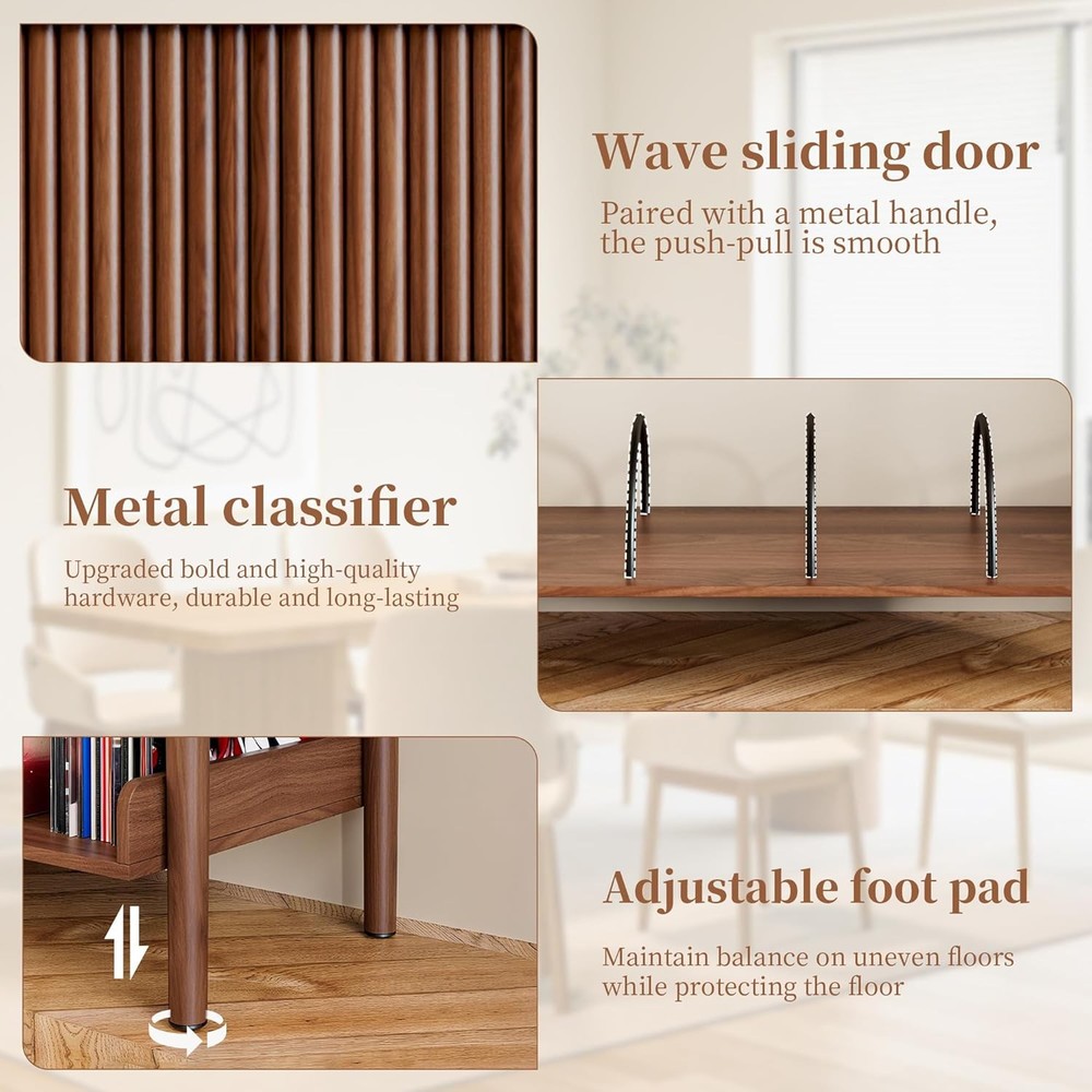 Record Player Stand, Vinyl Record Storage with Fluted Sliding Doors