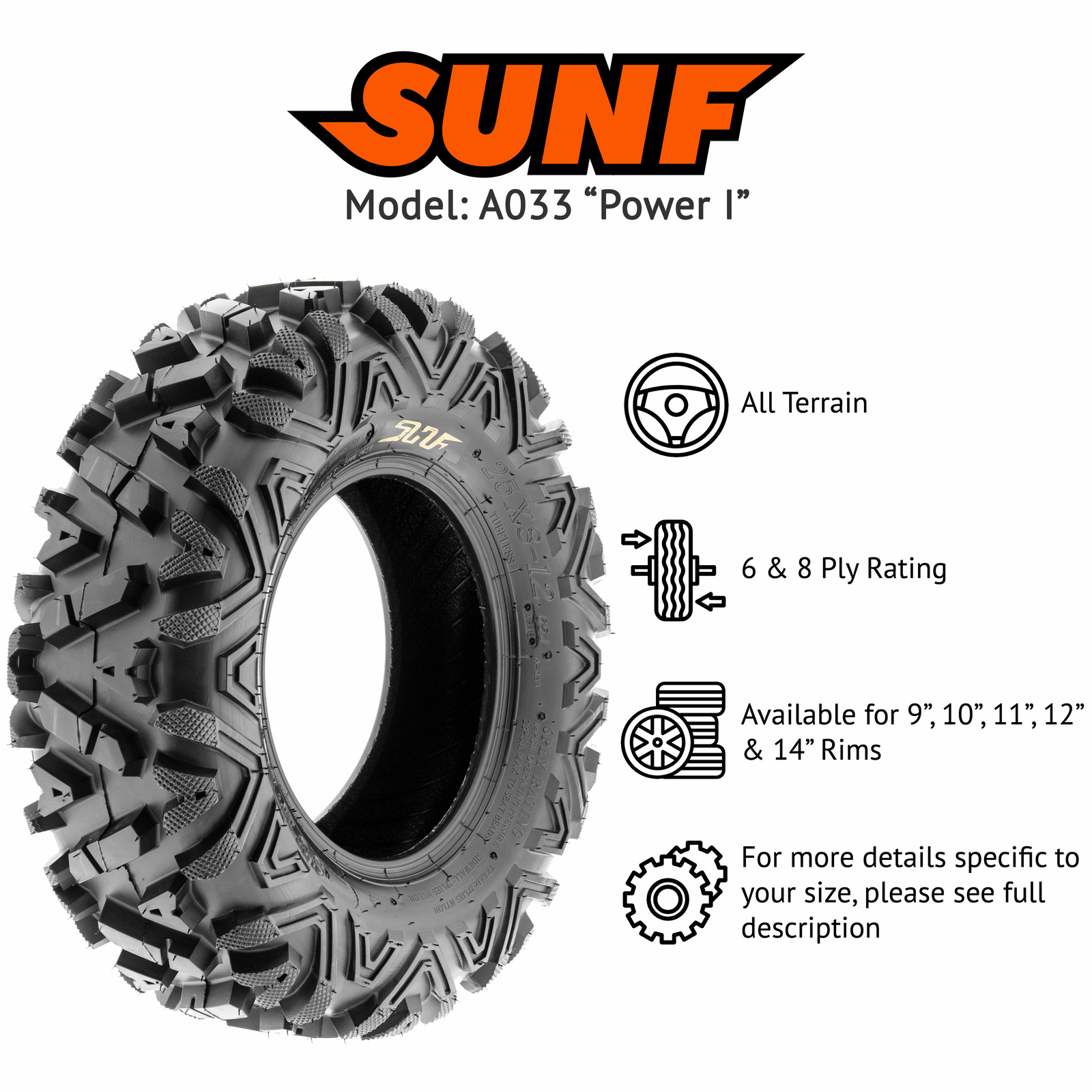 SunF A033 Power I All Terrain ATV UTV Tubeless Tires [Set of 4]