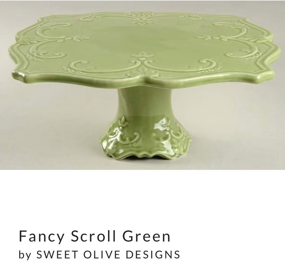 11" Diameter Square Pedestal Cake Stand Sweet Olive Designs Fancy Scroll Green