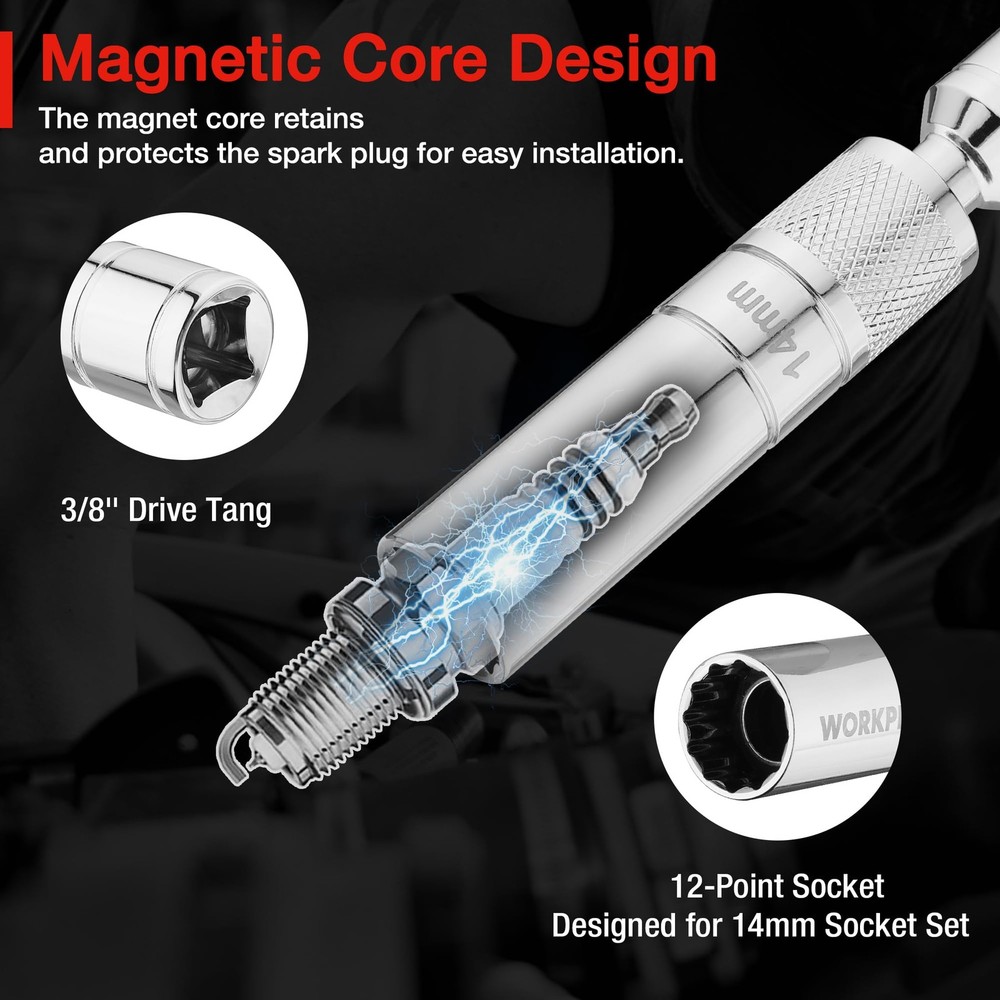 WORKPRO 5/8" Magnetic Spark Plug Socket with Design, 5/8"×4", Silver