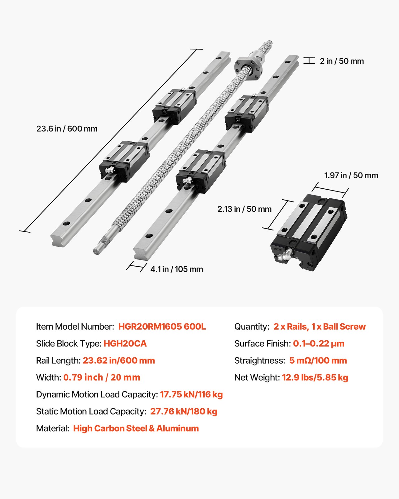 VEVOR Linear Rail Guide Kit HGR20 2PCS 600 mm Linear Rails 1PCS Ball Screw 4PCS