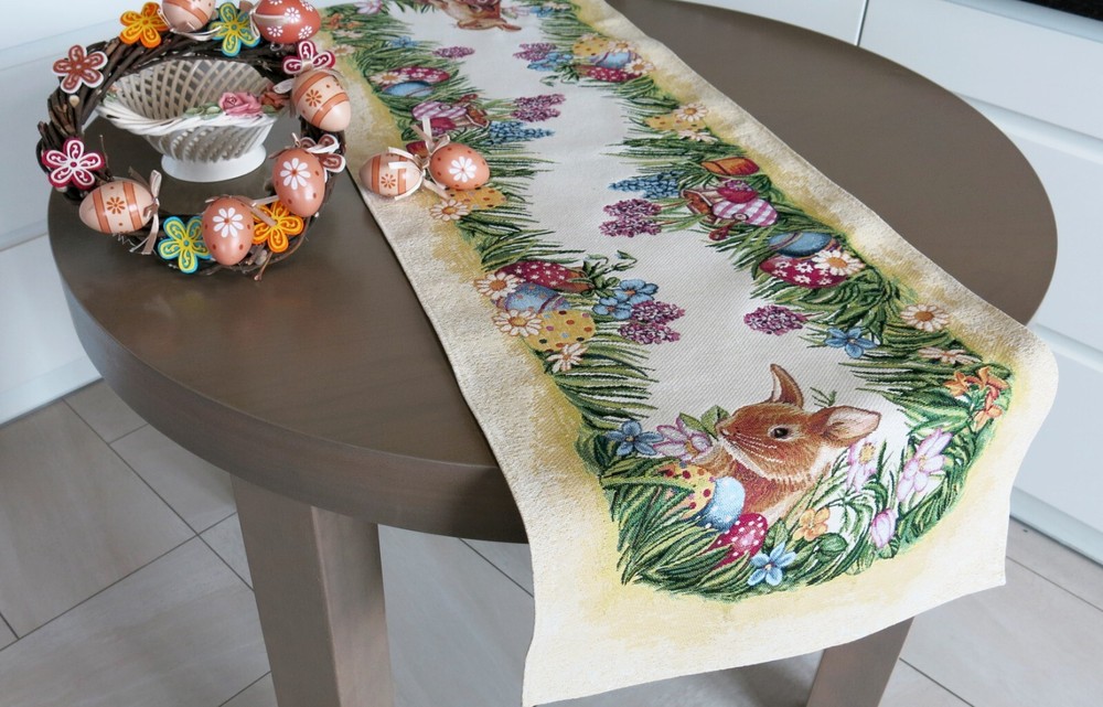 Easter Decorative Table Runner Tapestry Fabric Multicolor Naperon Bunny Yellow