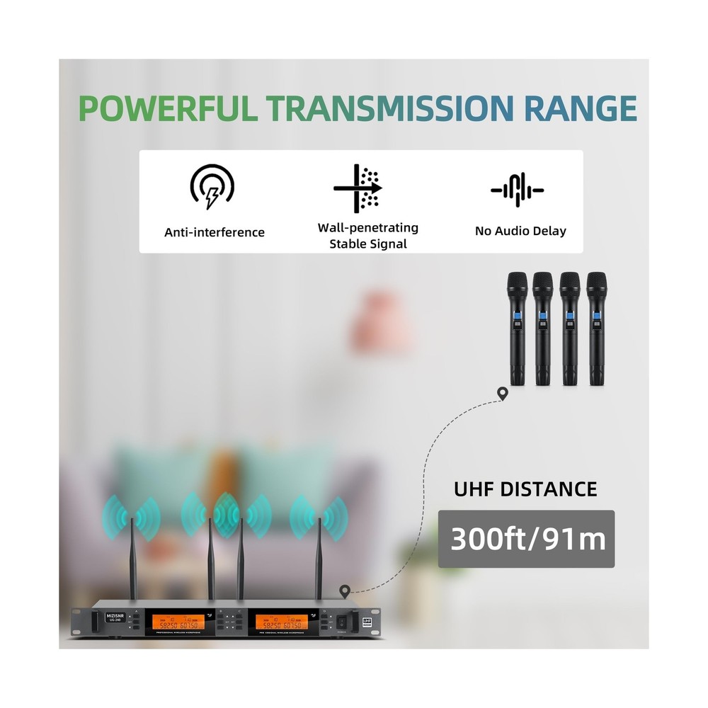 Wireless Microphone System 4 Channel, UHF Metal Cordless Handheld Mics Set - ...