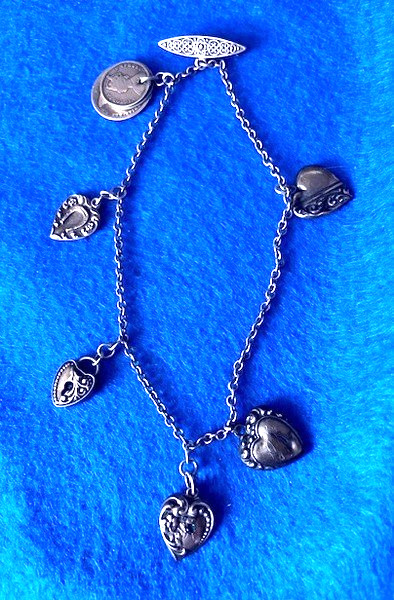ANTIQUE STERLING ENGLISH COINS 1873 PUFFY HEARTS UNGER BROTHERS CHATELAINE PIN