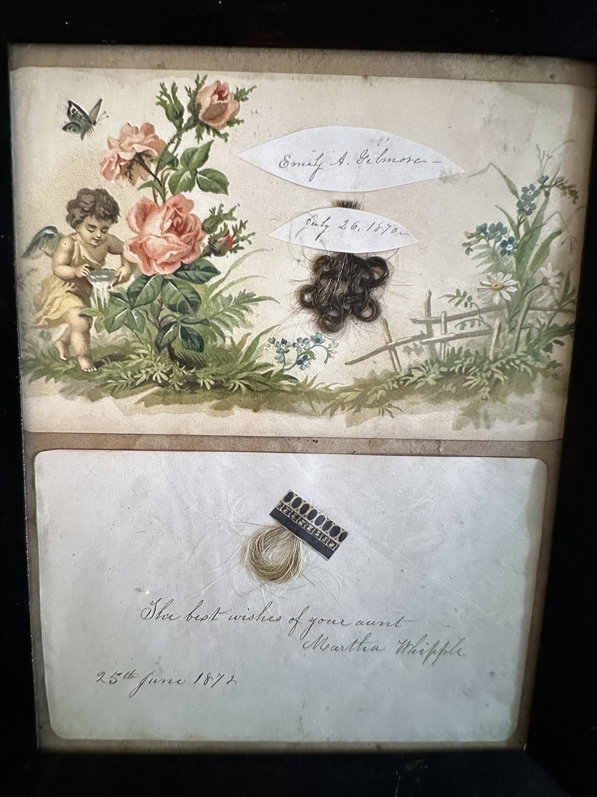 Antique Victorian Hairwork Calling Card Framed Ephemera