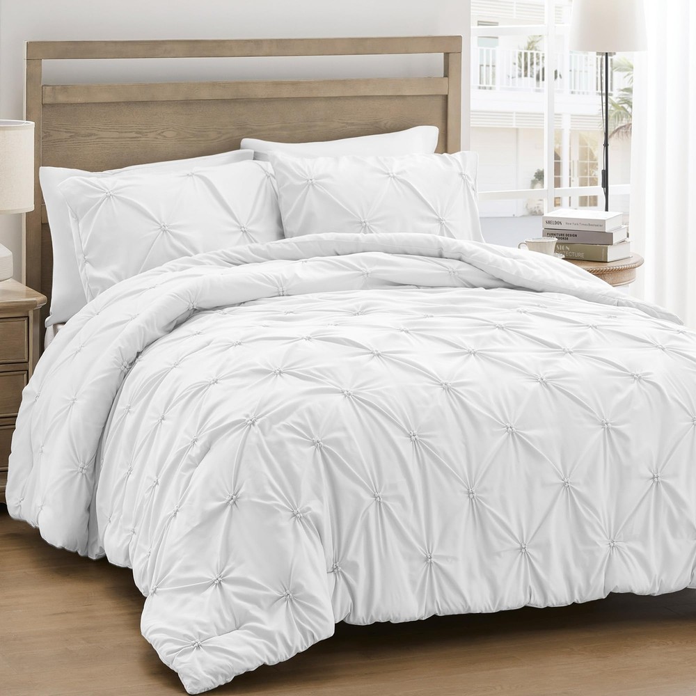 Queen Comforter Set White - Soft Fluffy Pintuck Down Alternative Bedding Set ...