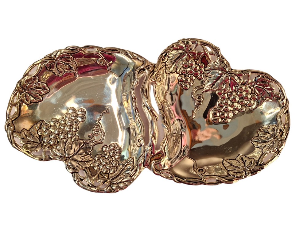 Godinger Silver Plated Double Heart Dish Grape Design Decor Gift
