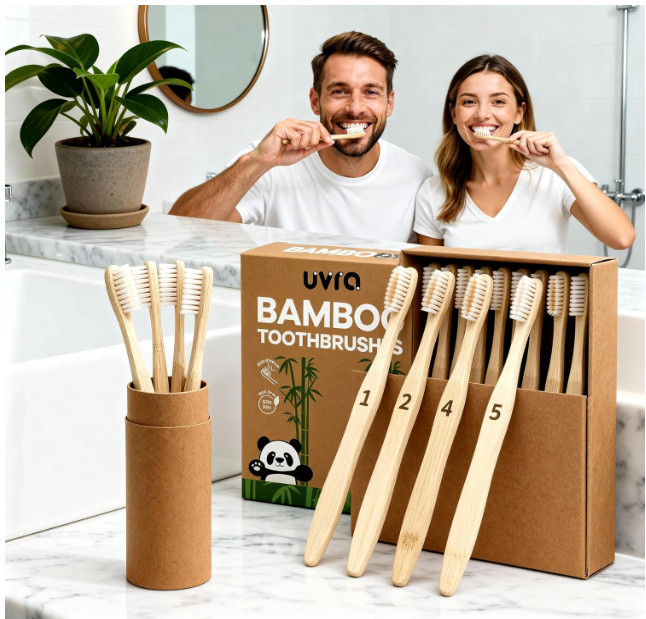 Bamboo Toothbrushes 10 Pack Biodegradable Soft Medium Charcoal Bristles