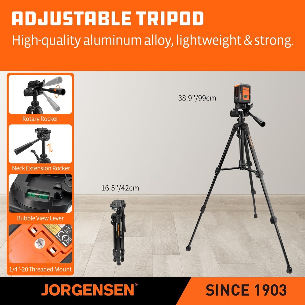 JORGENSEN Laser Level with Tripod, 100 FT Dual Modules Self Leveling Orange
