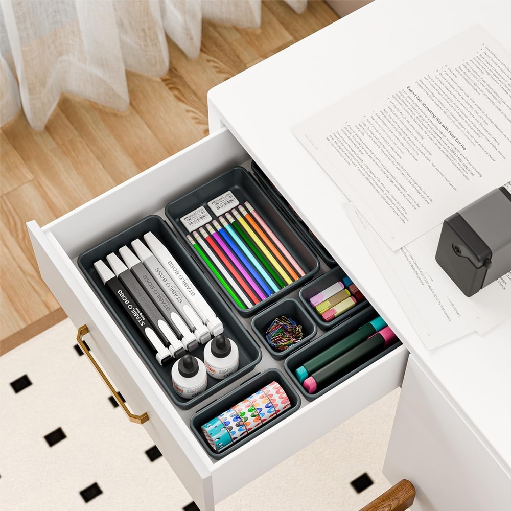 38PCS Interlocking Desk Drawer Organizer Tray Divider Set, Plastic Black Desk...