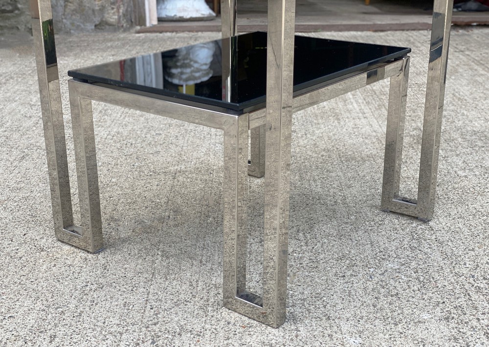 Post-Modern Sculpted Chrome & Black Glass Tiered Side Table