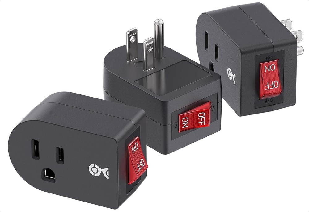 3 Pack Grounded Outlet With ON Off Switch Single Plug In Power Button Black NEW