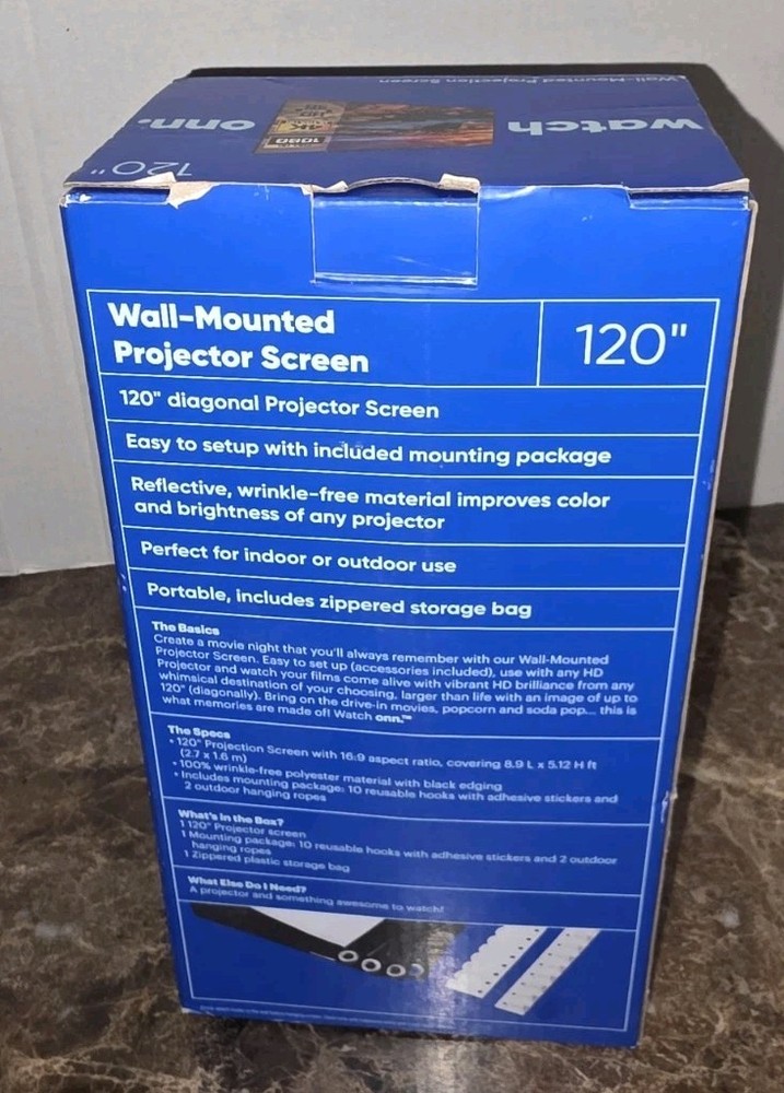 120” Projector Screen Onn Wall Mounted White New