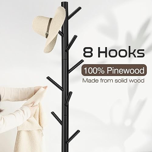 Coat Rack, Freestanding Coat Rack with 8 Hooks and 3 Adjustable Size Tree Black
