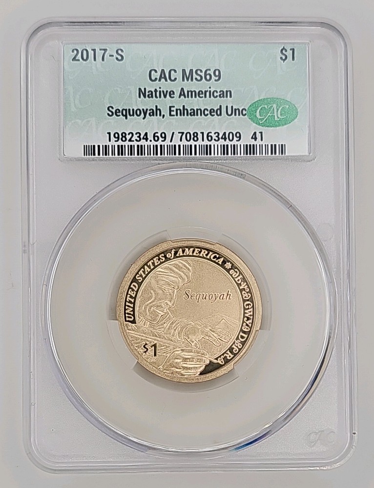 2017-S $1 CAC MS69 Native American Sequoyah, Enhanced Uncirculated