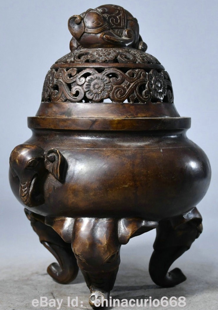 8" Marked Old China Copper Carving Dynasty Palace Elephant Ear Flower Censer