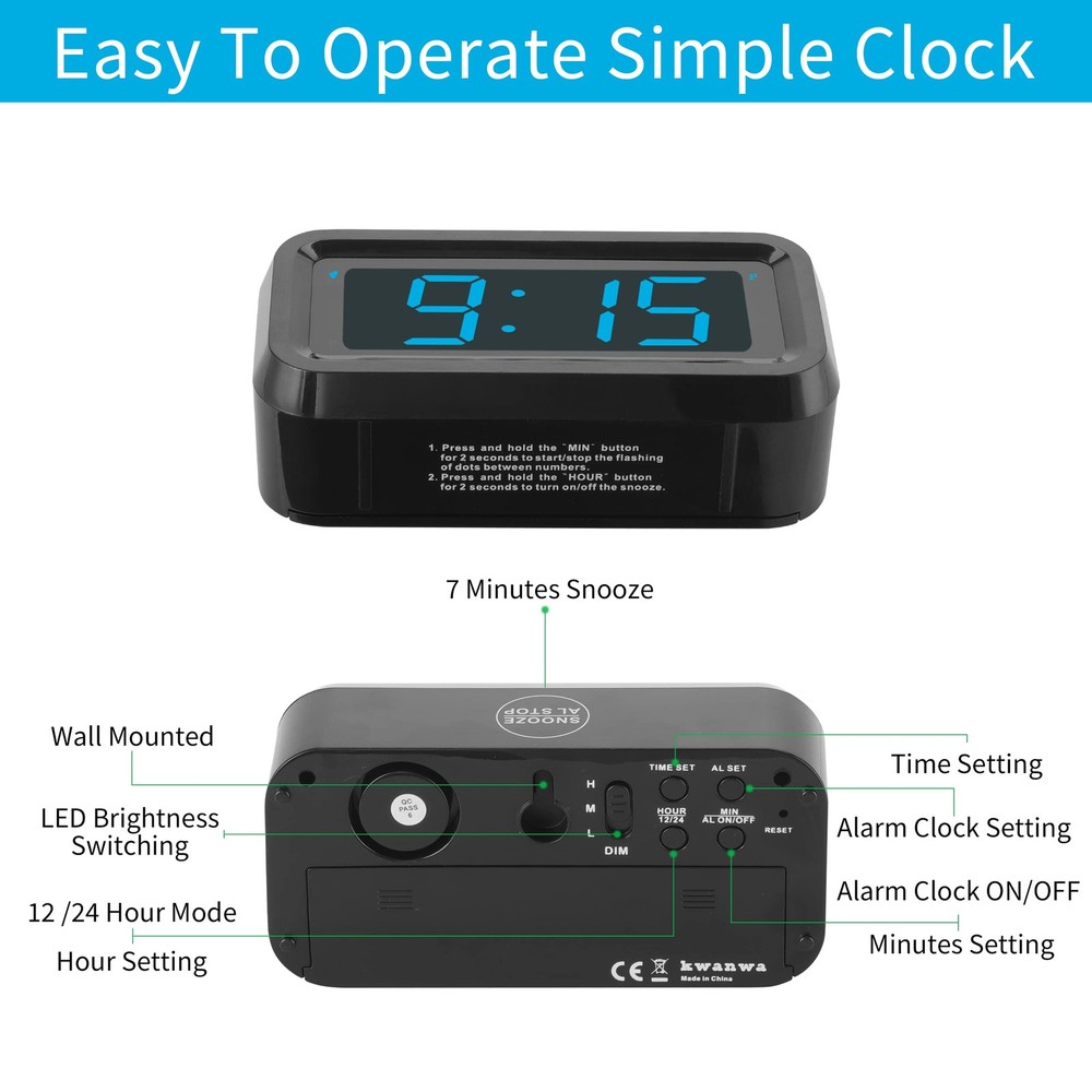 KWANWA Alarm Clock, Digital Clock, Constantly 1.2'' LED Blue Digits Display, ...