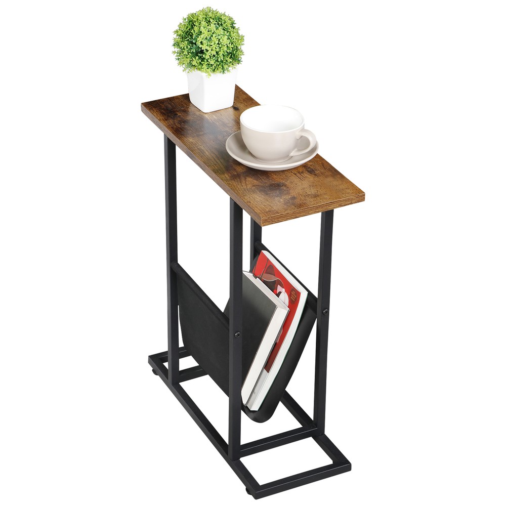 Small Narrow Side Table End Table Magazine Table w/ Storage Holder Rustic Brown