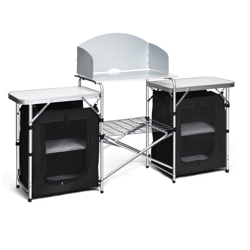 Foldable Camping Kitchen with 2-sided Windshield Pockets