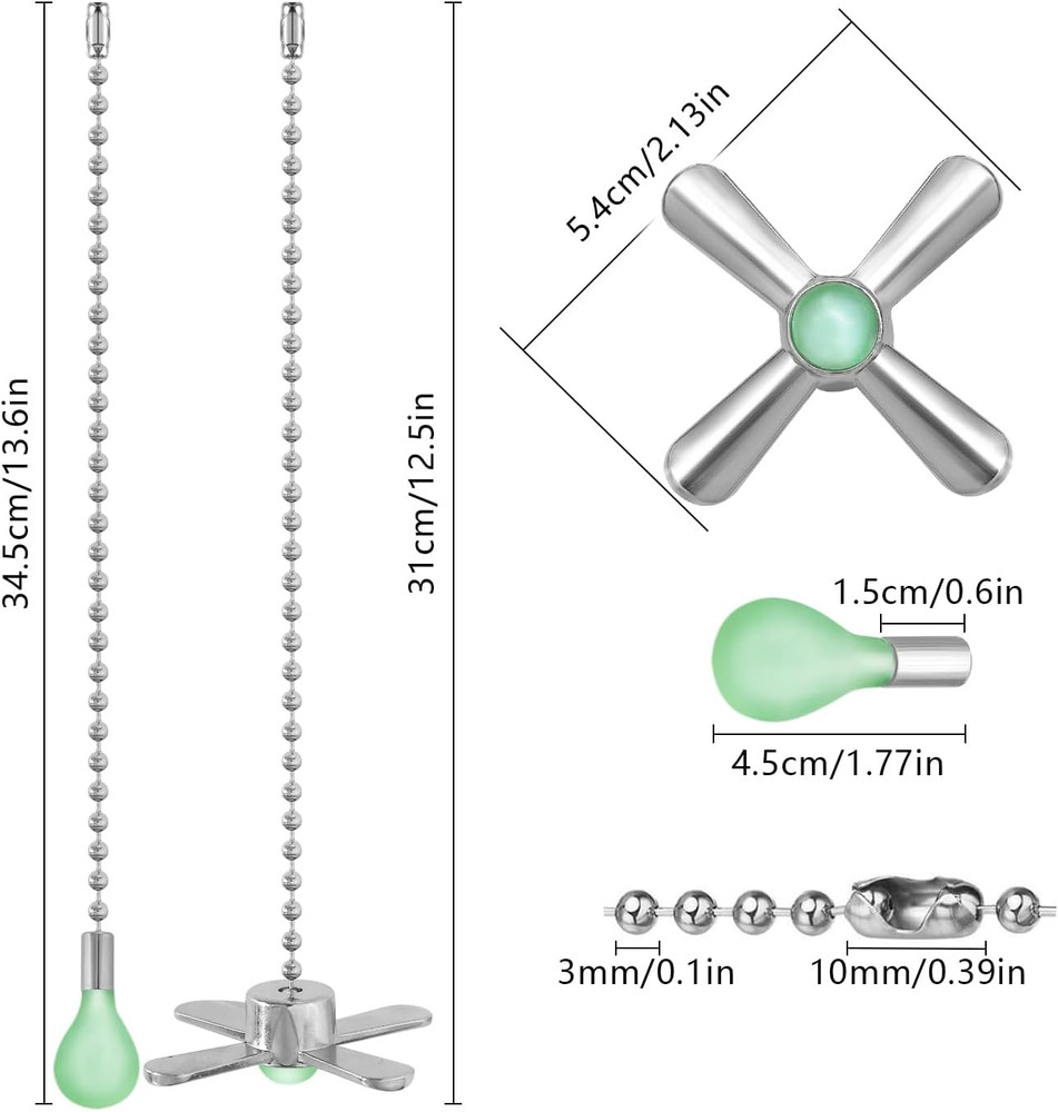 Silver Ceiling Fan Pull Chain Set, 2Pack 3Mm Diameter Beaded Fluorescent Decorat