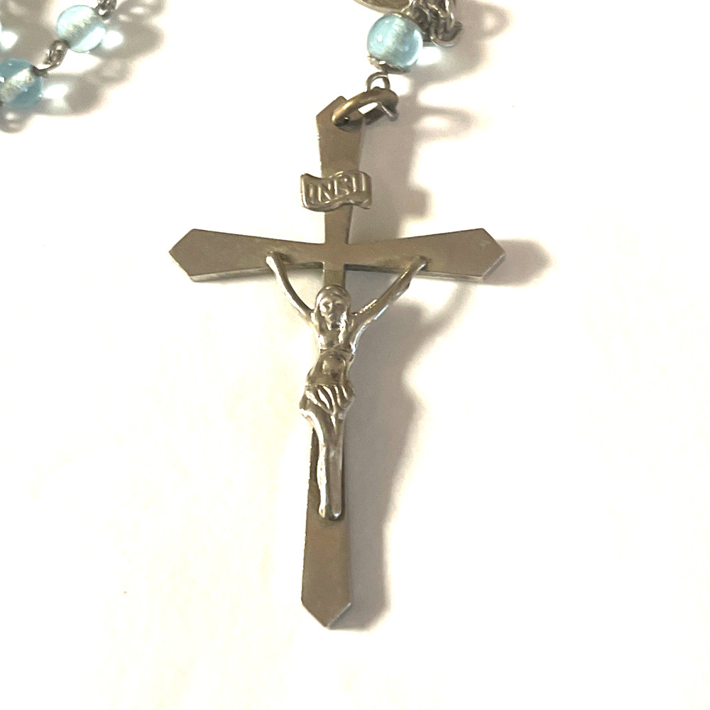 Light Blue Silvertone Christian Catholic Rosary Bead Necklace