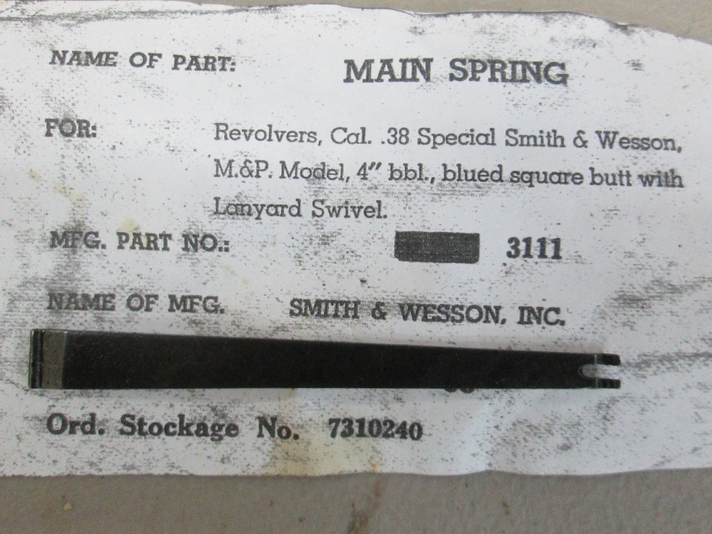NOS USGI Main Spring for Smith&Wesson S&W Model 10, .38 SPL Revolver