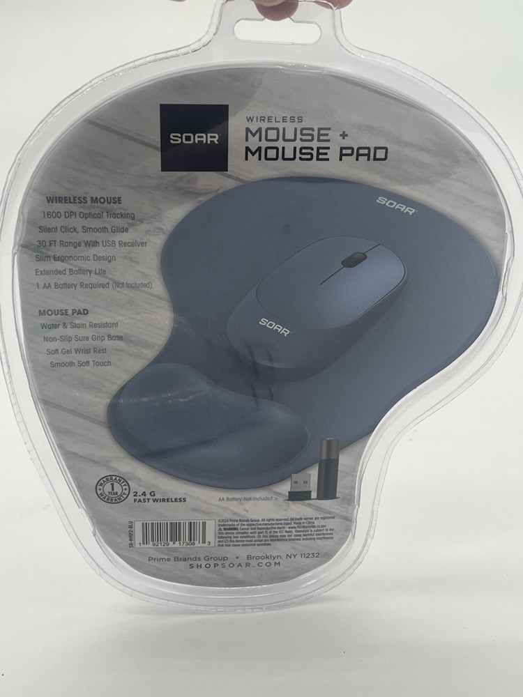Soar Wireless 1600 DPI Optical Mouse & Memory Foam Mouse Pad Set - Blue - New