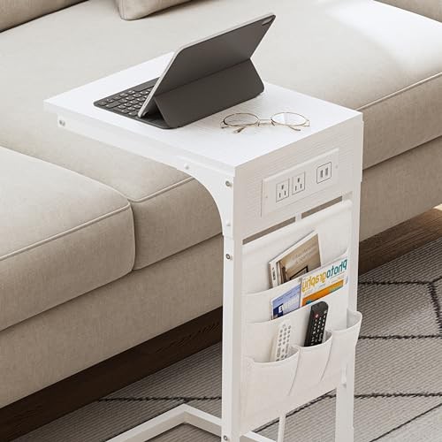 C Shaped End Table with Charging Station, Side Table for Sofa, Couch Table