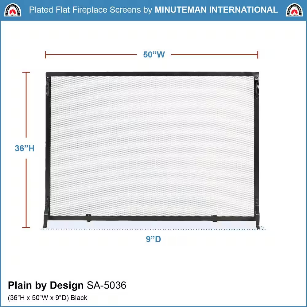 50 In. L Matte Black 1-Panel Plain by Design Flat Fireplace Screen