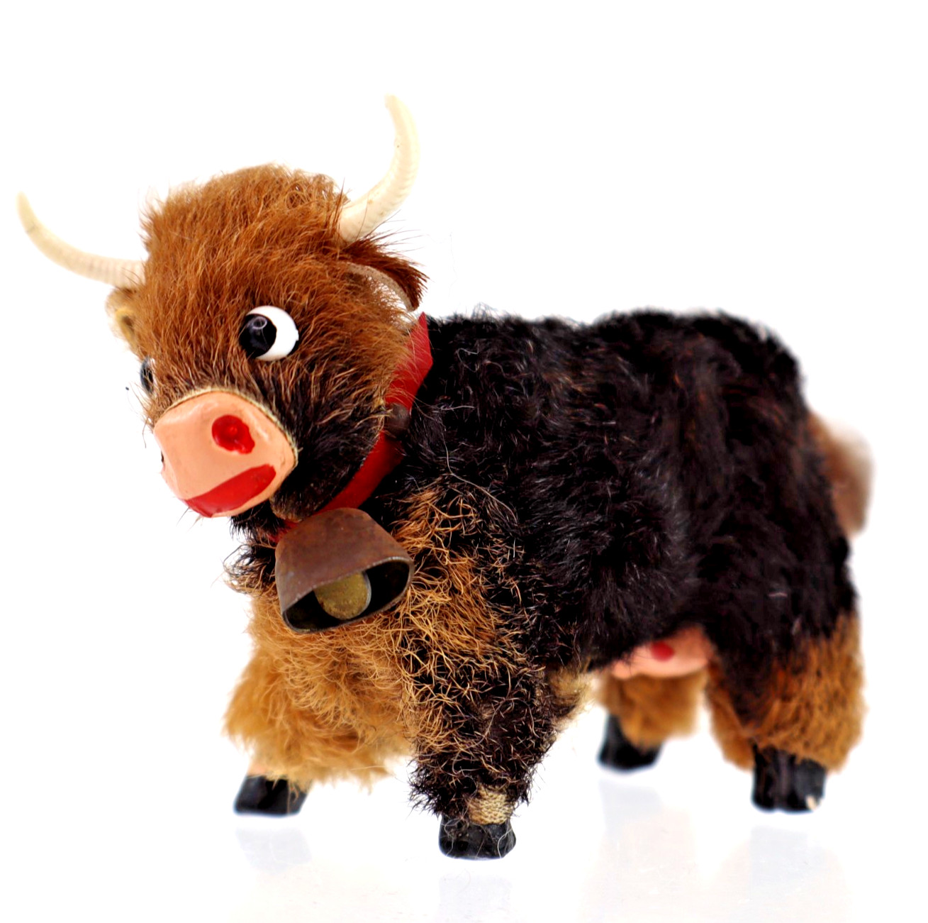 vintage Original Fur Toys miniature Cow Bull figure w/ tags bell W. Germany 3"