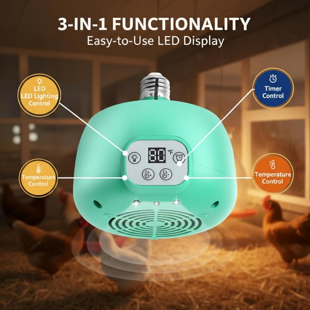 Adjustable Temperature Chicken Coop Heater with Safety Features - 200W & LED