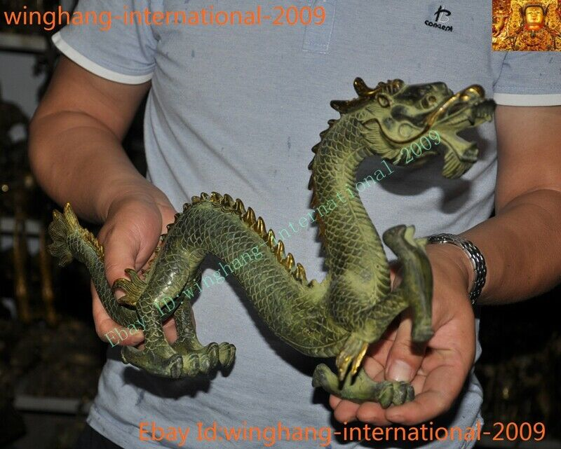 Old Chinese China Feng Shui Bronze Gilt lucky wealth zodiac animal Dragon statue