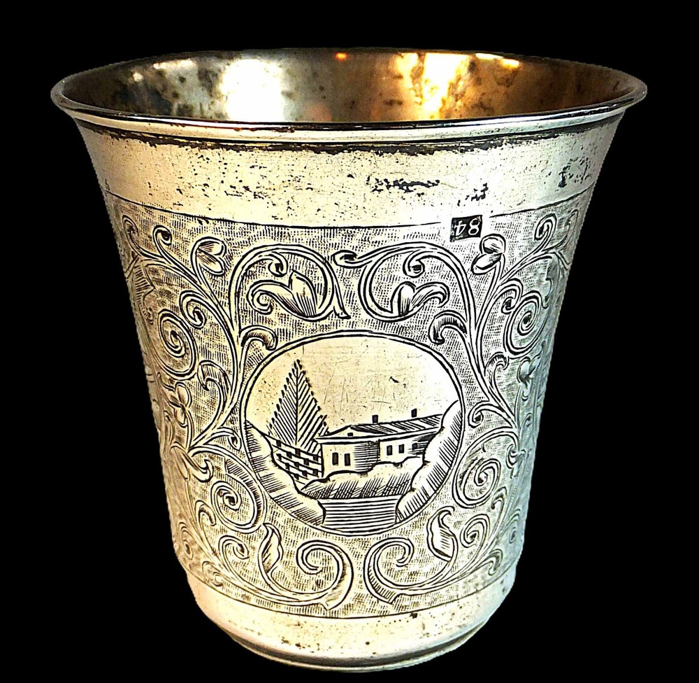 RARE RUSSIAN HALLMARKED SILVER & NIELLO VODKA CUP - 1864