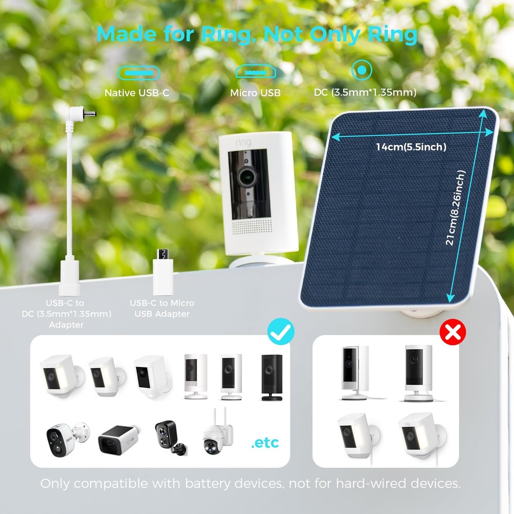 5V Solar Panel for Ring Tapo USB-C & Micro_USB & DC 3.5mm*1.35mm, 1 Pack