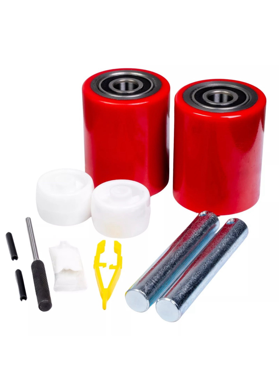 Pallet Jack/Truck Load Wheels Full Set with Axles and Rollers 3" x 3.75" Red