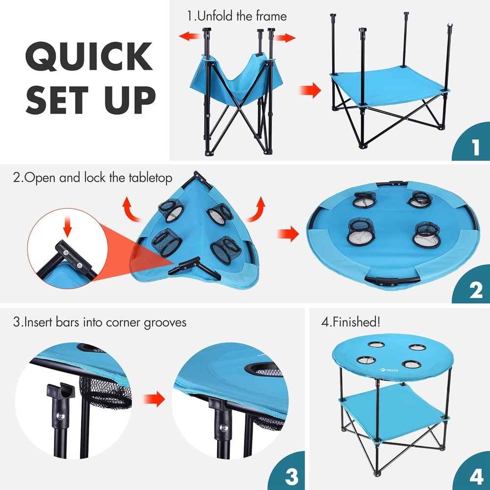 Folding Camping Table Lightweight Double-Layer Round Table W/ 4 Cup Holders &