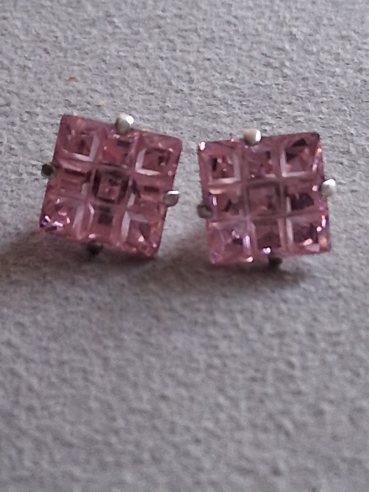 Sterling silver invisible cut pink stone grid pattern stud earrings, prong set