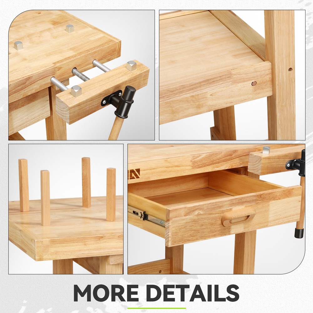Solid Oak Wood Workbench Work Desk w/ 2 Drawers + Open Space + Adjustable Handle