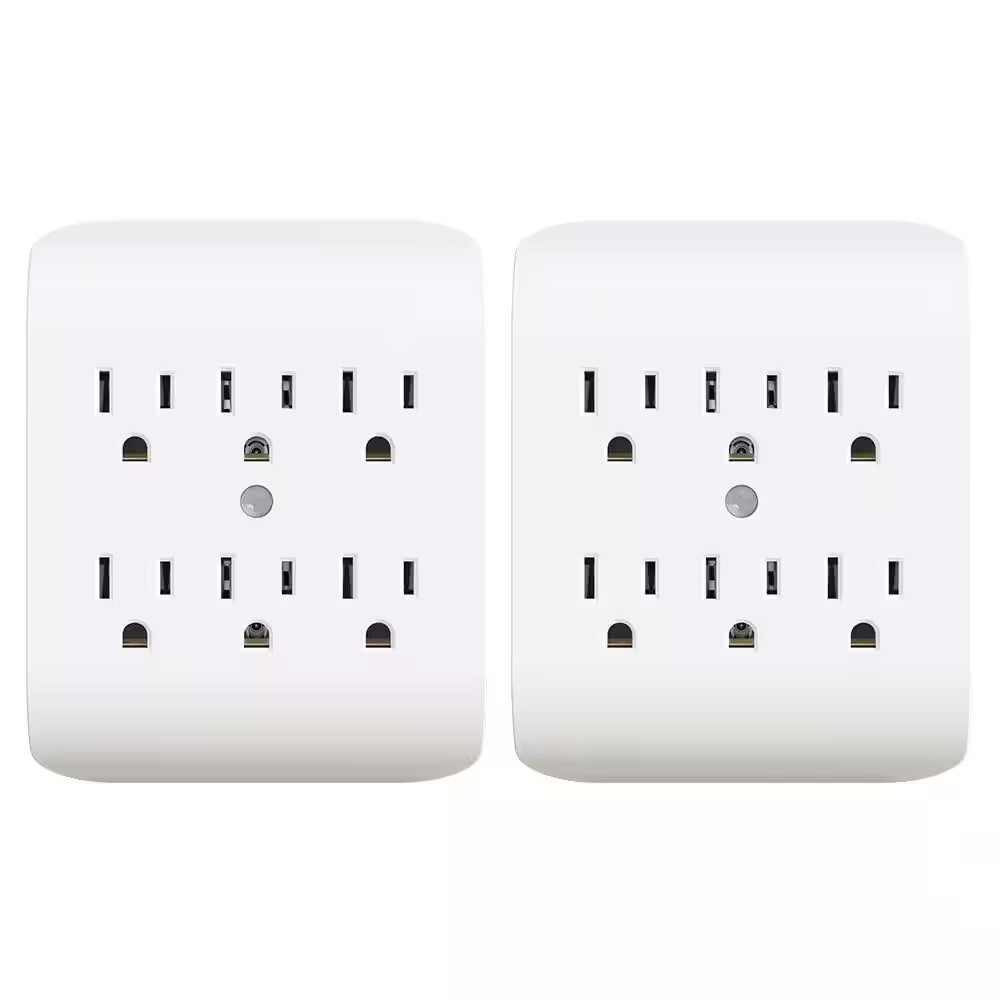 15Amp 125-Volt 6-Outlet Grounded Adapter Plug, White (2 Pack)