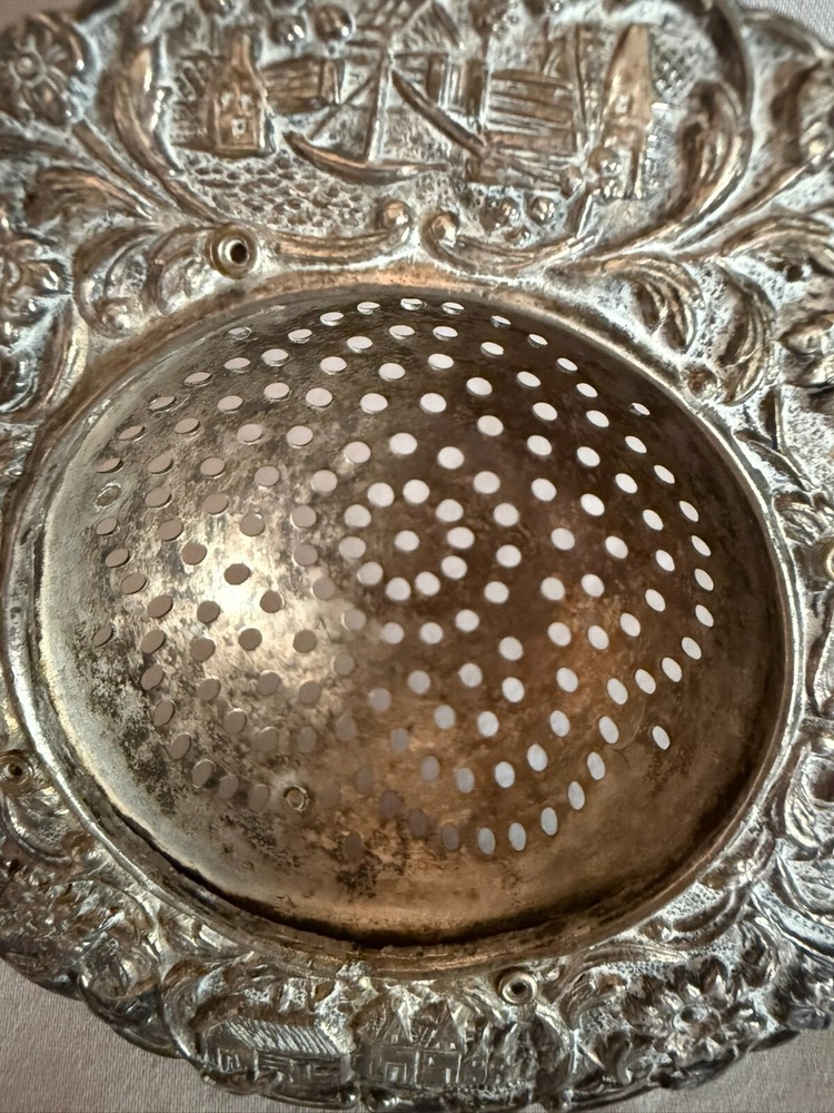 Dutch Ornate Silver Plated Tea Strainer Windmills Ships Etc