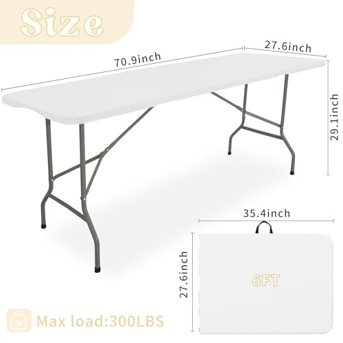 HAISIWLKJ FOLDING TABLE 6 FT LIGHTWEIGHT CAMPING TABLE RECTANGULAR - WHITE