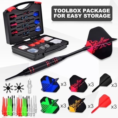 Professional 12-Pc Plastic Tip Dart Set, 18g, 120 Extra Tips, Flight Protector &