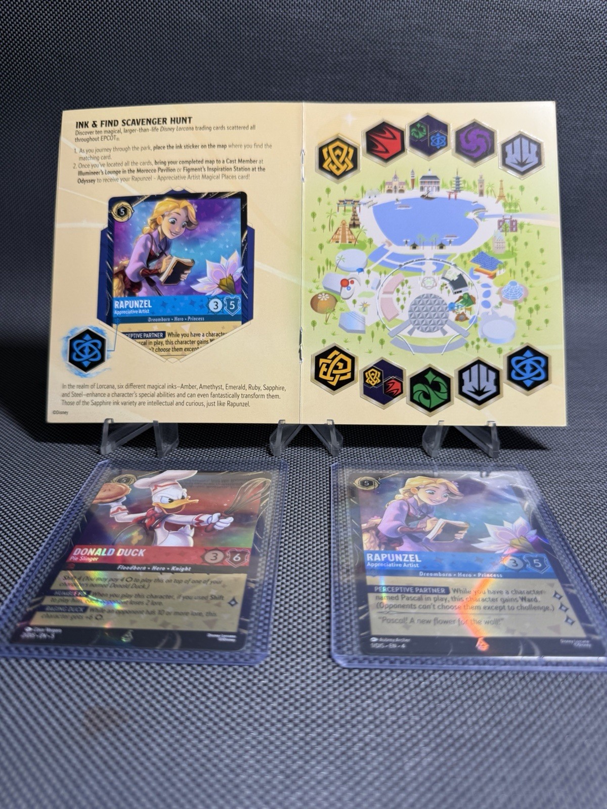 Disney Lorcana Donald Duck & Rapunzel Magical Places Epcot Cards With Questbook