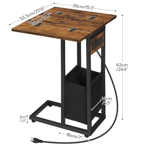 C Shaped Side Table with Charging Station, Foldable End Table with Fabric